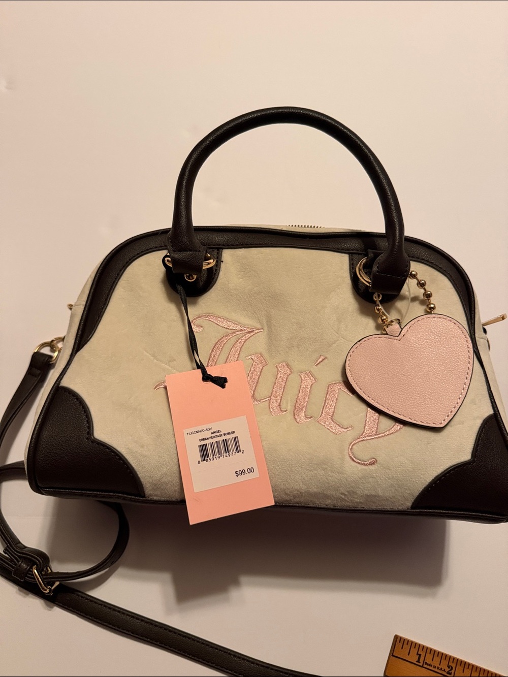 Juicy Couture Cream Satchel with Pink Heart Charm and Black Trim